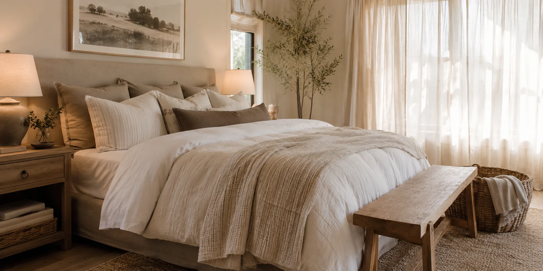 Warm bedroom with natural wood tones, layered textiles and morning light