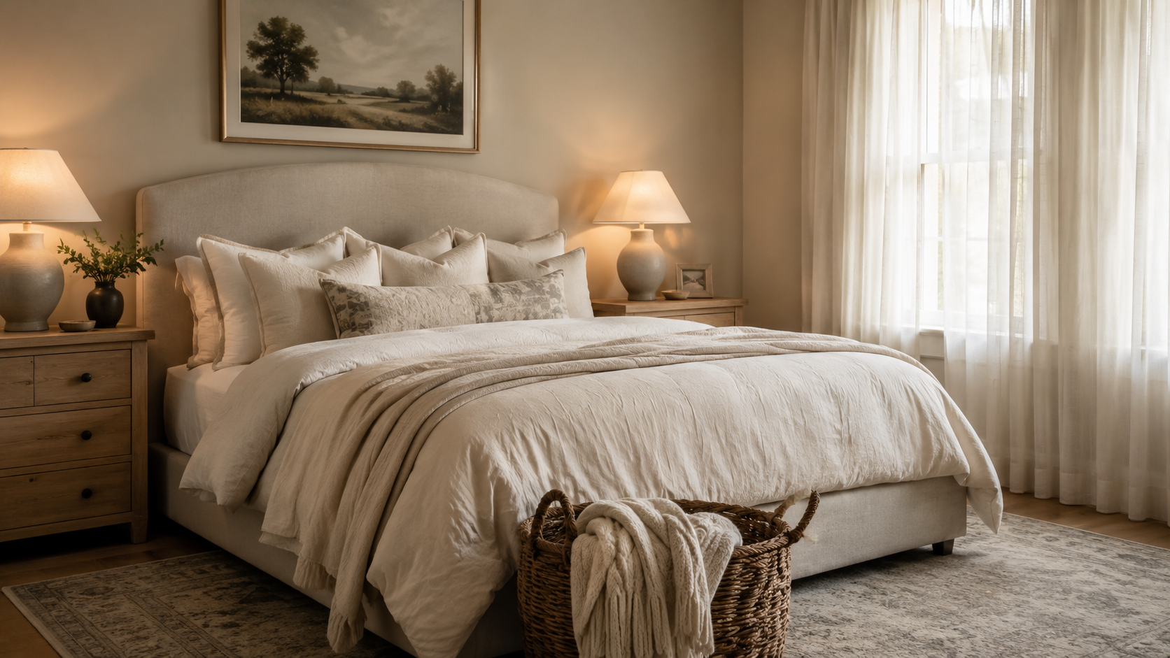 Serene cream bedroom with upholstered headboard, warm lamps and woven basket