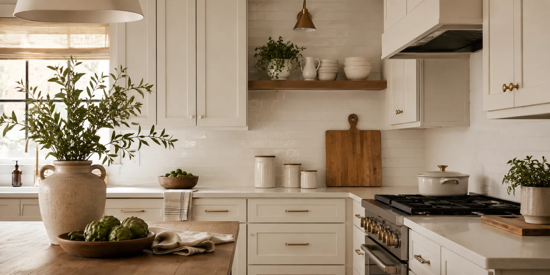 Warm kitchen with natural materials, open shelving and thoughtful organization