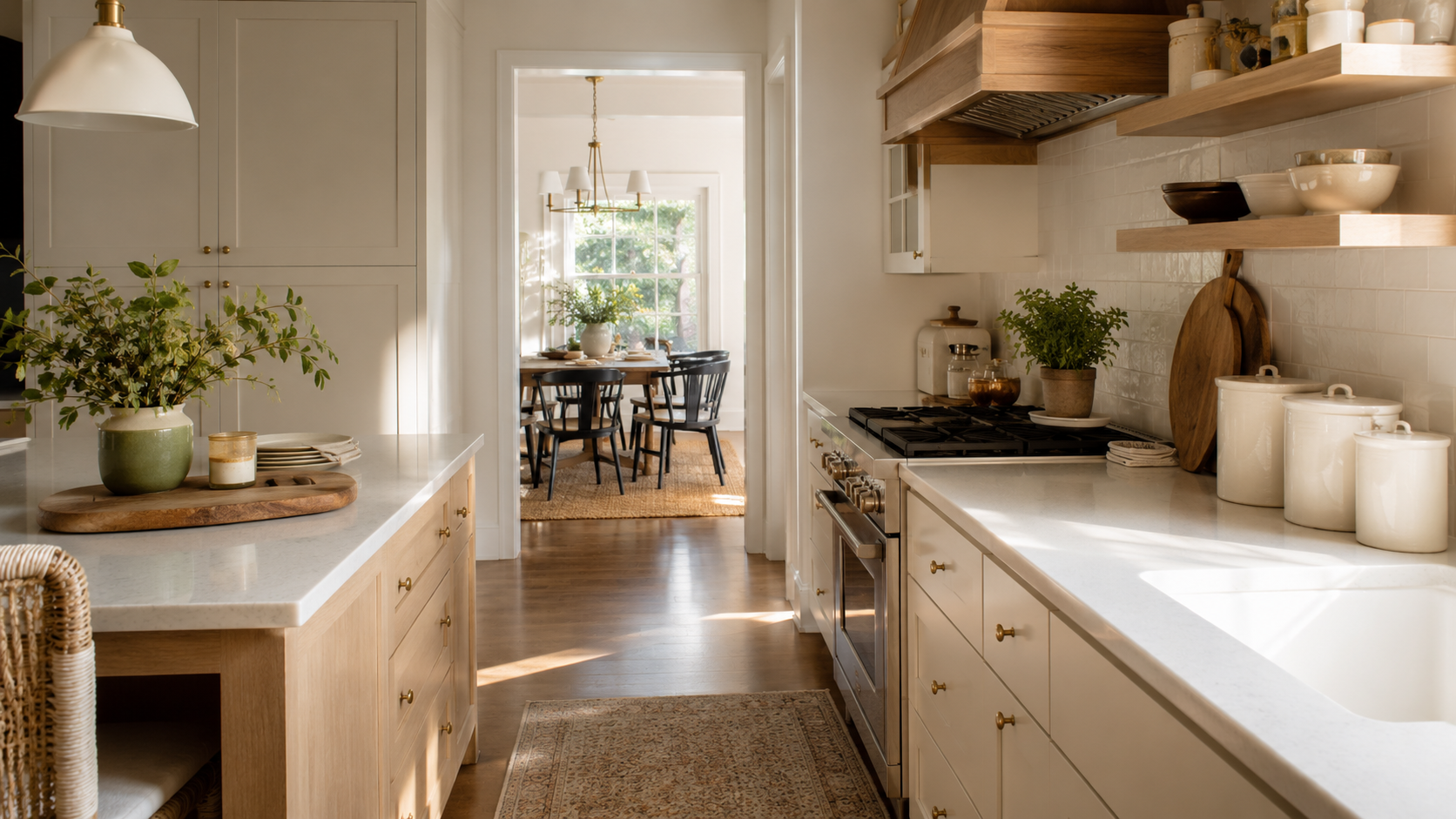 Light and warm kitchen with wood shaker cabinets, brass hardware and open shelving