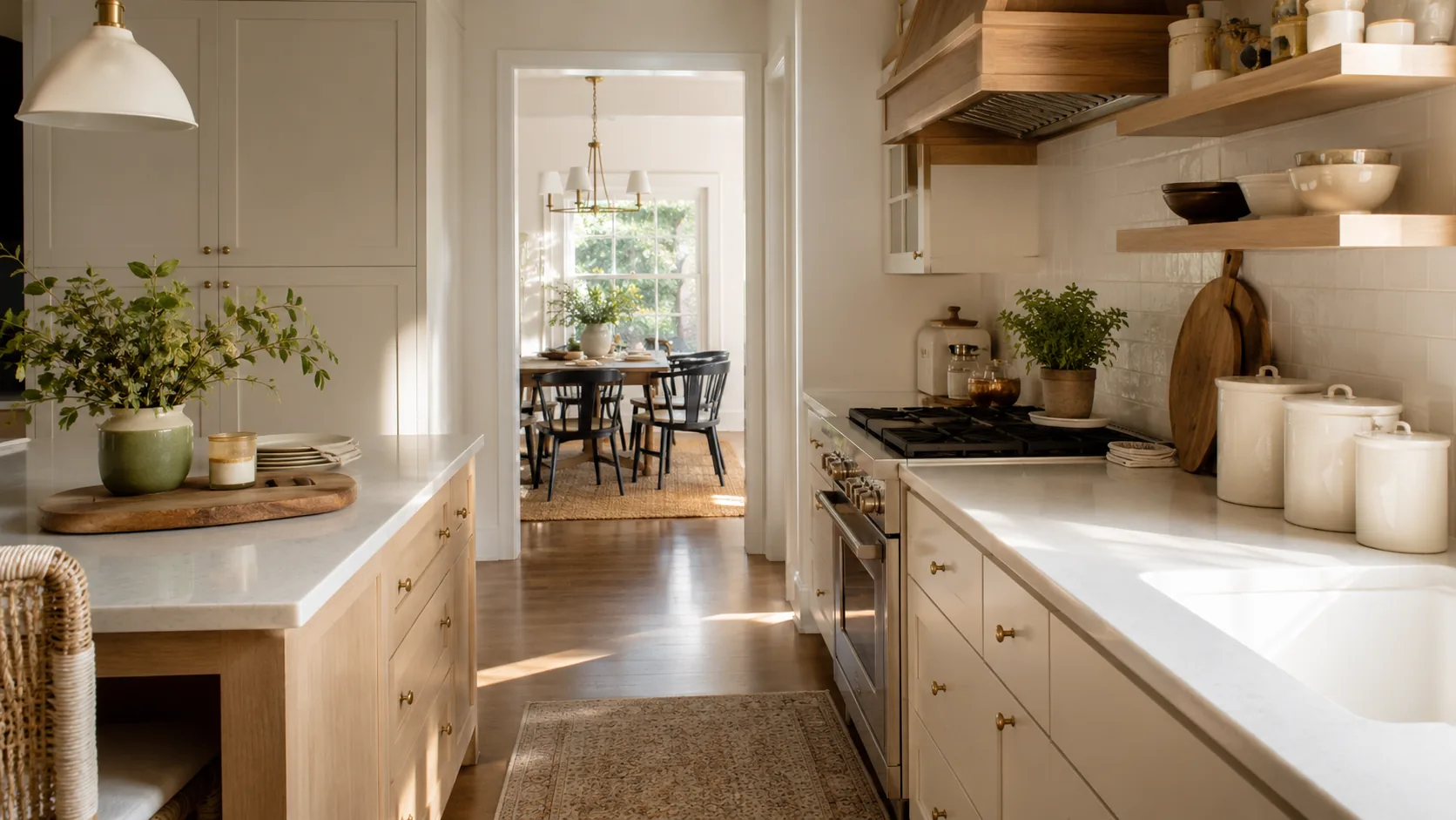 Light and warm kitchen with wood shaker cabinets, brass hardware and open shelving