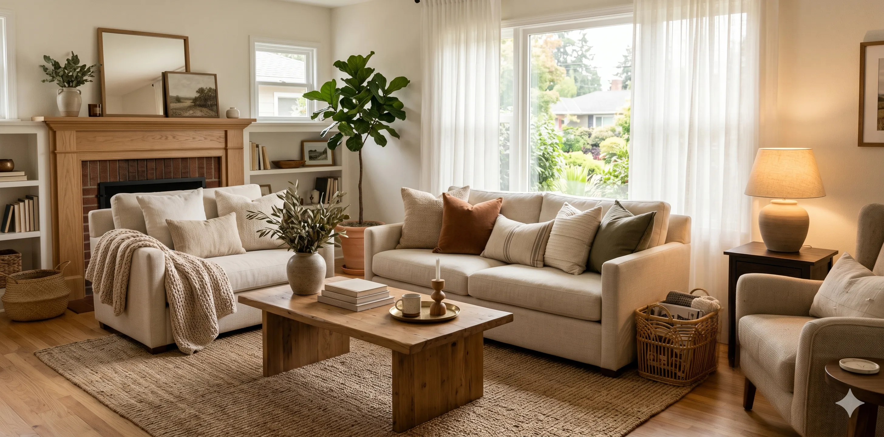 Cozy living room corner with warm light, layered textiles and personal objects