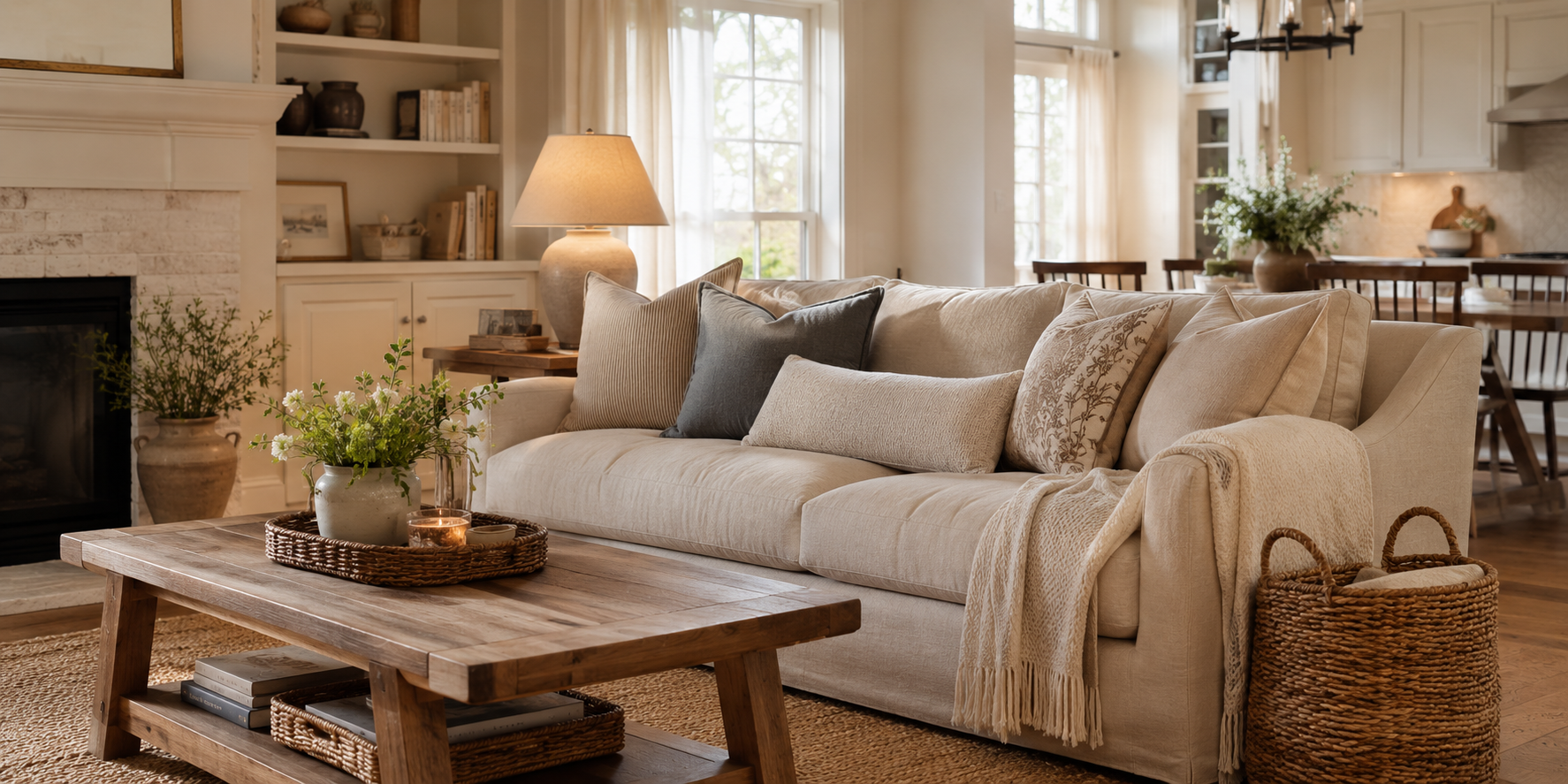 Warm open-plan living room with neutral sofa, wood coffee table and layered textures