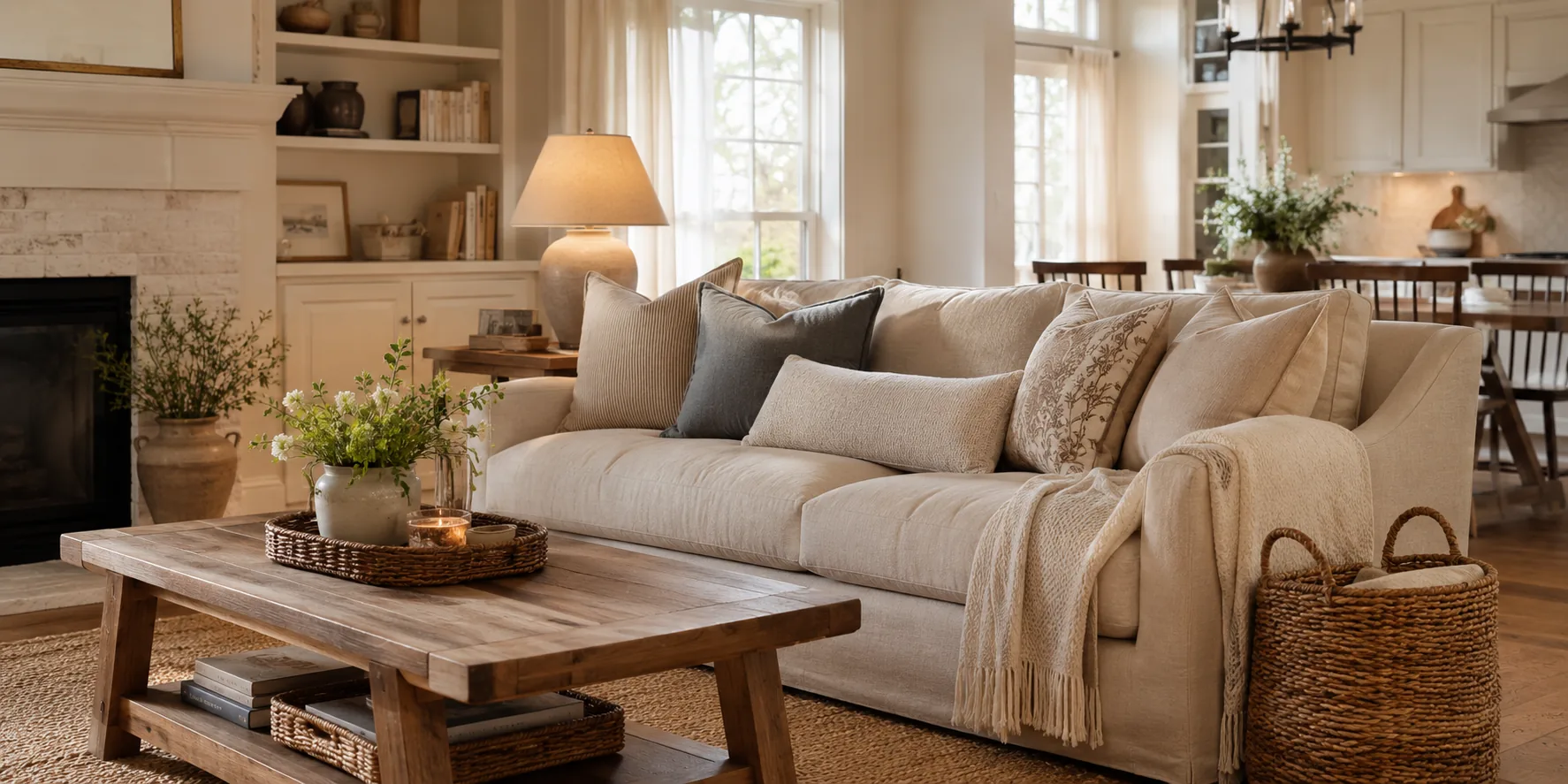 Warm open-plan living room with neutral sofa, wood coffee table and layered textures