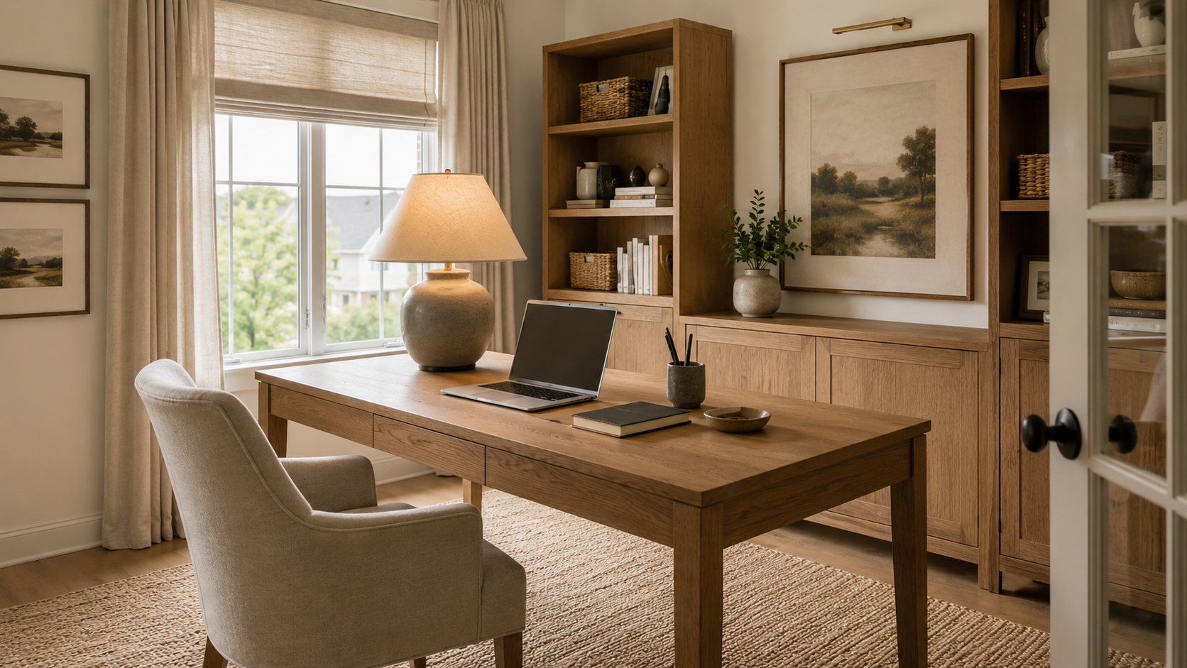 Warm residential home office with natural wood desk, warm lamp, organized shelves and cozy styling