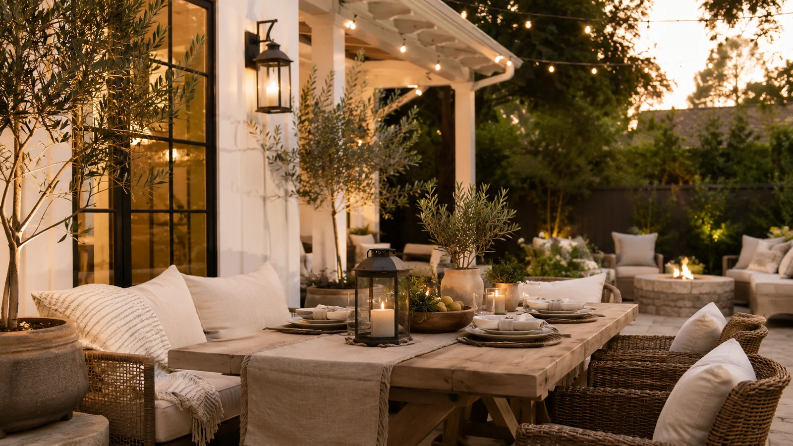 Inviting outdoor patio in the evening with warm string lights and cozy seating