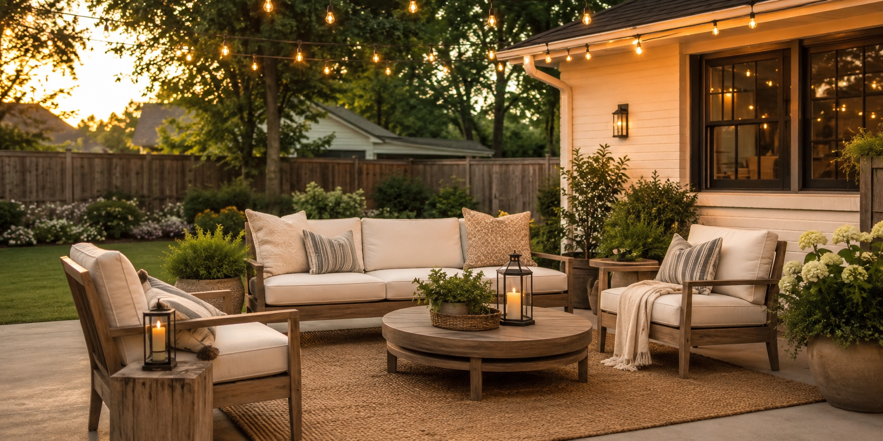 Warm backyard patio at golden hour with teak furniture, jute rug and string lights