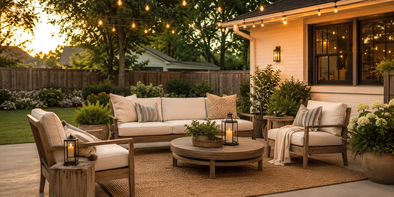 A cushioned outdoor lounge with a soft throw and lanterns under a strand of string lights at golden hour — a seating arrangement that invites lingering