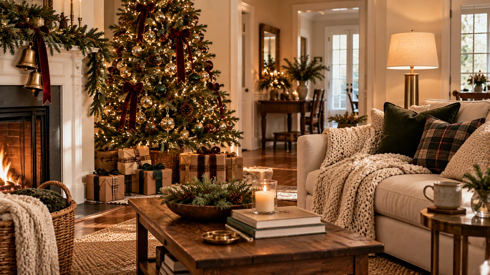 Una sala acogedora con un árbol de Navidad decorado, regalos envueltos debajo, un sofá crema con una manta gruesa tejida y una chimenea encendida cerca