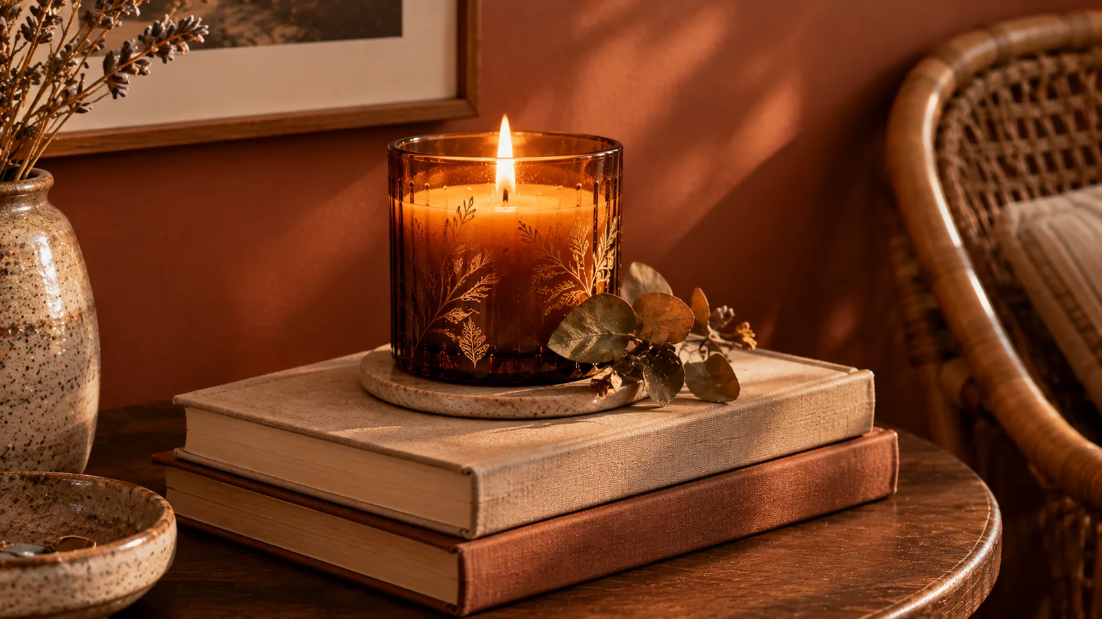 Una vela Holiday de NEST New York encendida en un frasco de vidrio con detalle dorado sobre una mesa auxiliar de madera clara, junto a una pequeña pila de libros y una manta tejida doblada sobre el brazo de un sofá