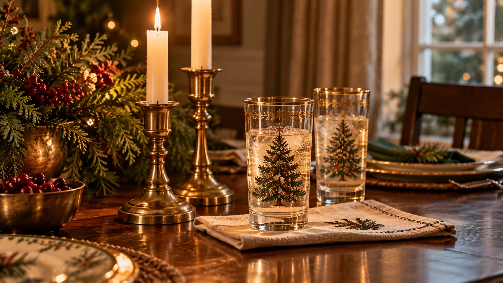 Un par de candeleros vintage de latón con velas encendidas junto a dos vasos altos con borde dorado y diseño de árbol de Navidad sobre una mesa de comedor, con una servilleta de lino doblada debajo