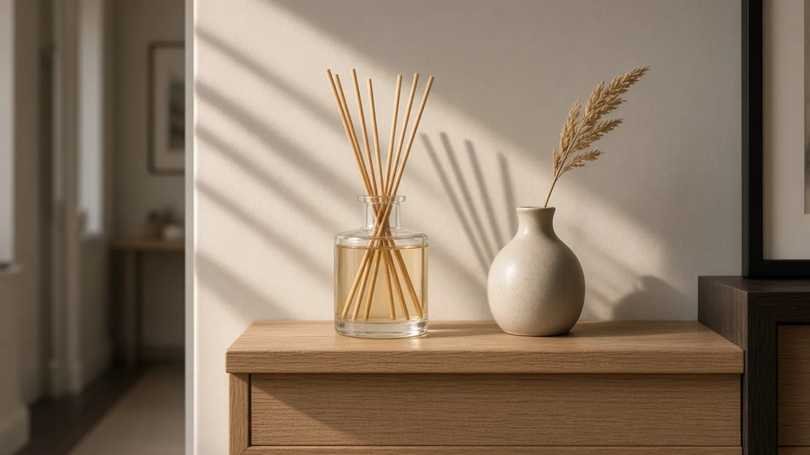 Un estante de madera clara con un difusor de varillas de vidrio, un pequeño florero de cerámica con un tallo seco, una pila de dos libros y un cuadro pequeño recargado contra la pared
