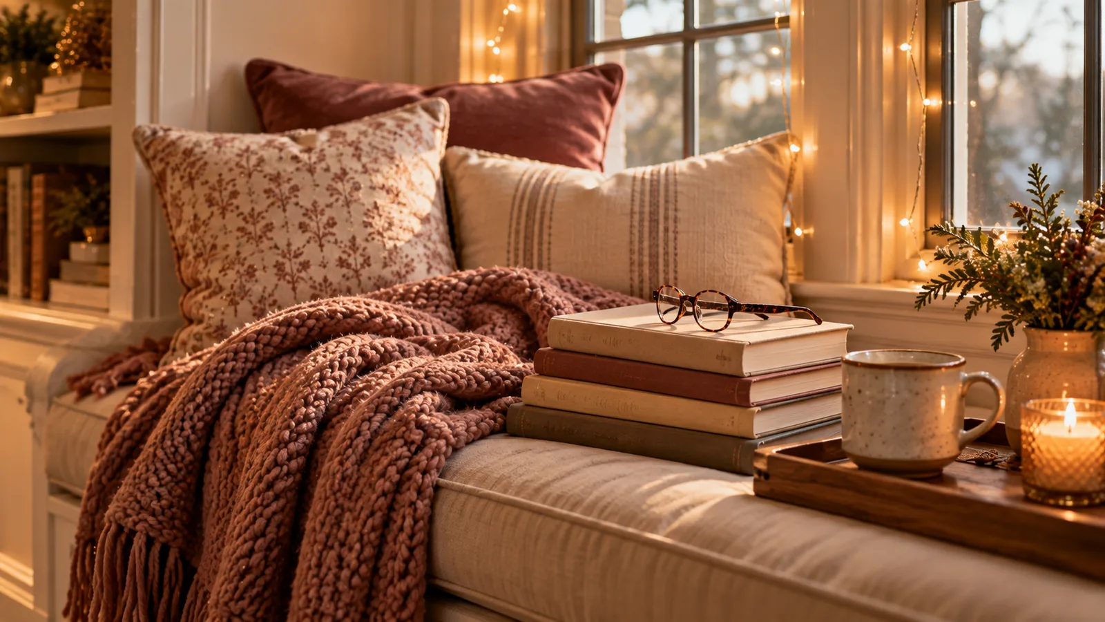 Un rincón de lectura en un asiento junto a la ventana, con una pila de libros nuevos, lentes de lectura y una manta tejida color rosa palo, con luces cálidas a lo largo del marco de la ventana