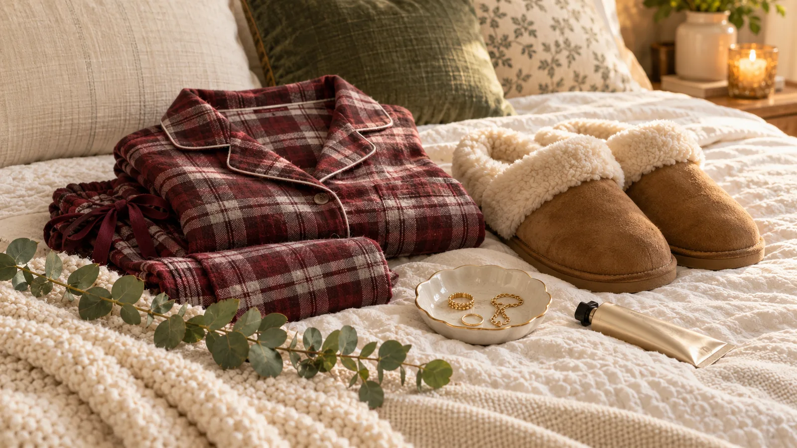 Una cama en tono crema con un conjunto de pijama de franela a cuadros color vino doblado, unas pantuflas de gamuza color castaño forradas de borrego, una pequeña bandeja de cerámica para joyas y un tubo de crema de manos, con una ramita de eucalipto encima