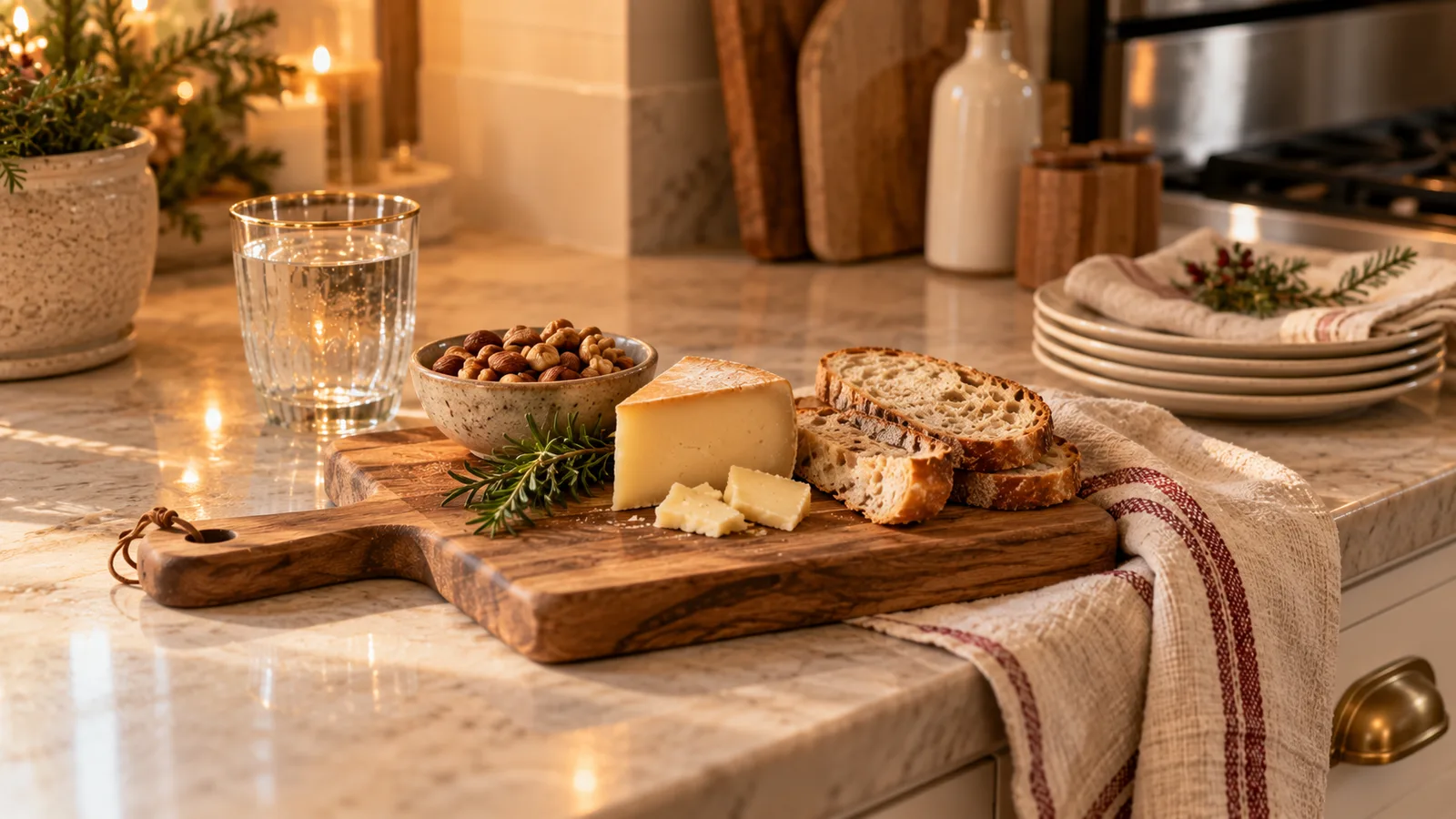Una barra de cocina de piedra clara con una tabla de cortar de madera de acacia con pan y queso, un trapo de cocina de lino doblado, un tazón pequeño con nueces y un vaso de agua