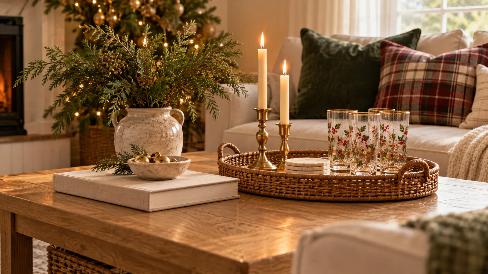 Una mesa de centro decorada con un ejemplar de Call It Home de Amber Lewis, una bandeja de ratán tejido con candeleros y un juego de vasos altos con borde dorado y diseño de árbol de Navidad, con luz natural de ventana