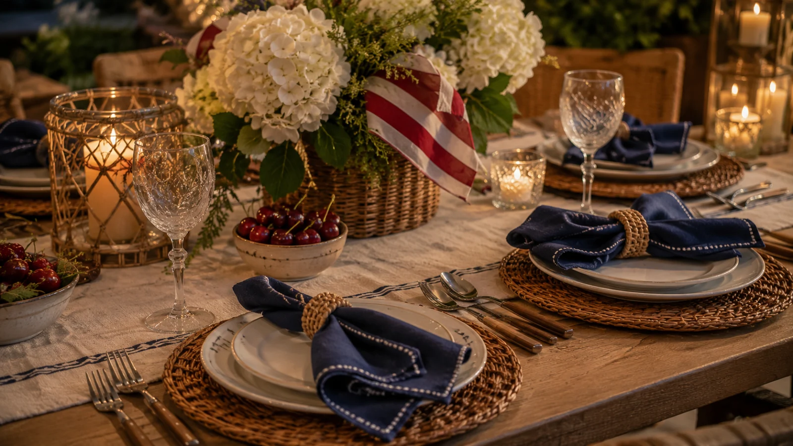 A patriotic table set at dusk with navy napkins, a small flag tucked into a basket, cherries, white hydrangeas and warm candlelight