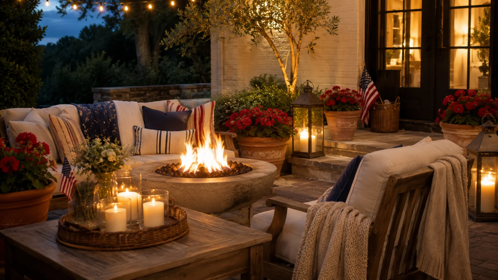 A patio at dusk gathered around a glowing fire pit with flag-print pillows, red geraniums, lanterns and a throw for the long summer evening