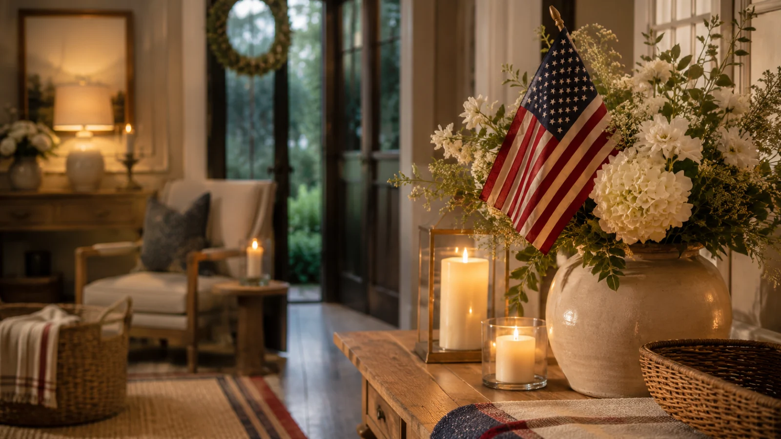 A warm entryway console styled with a small American flag, white hydrangeas, cream pillar candles, and a brass lamp for America's 250th