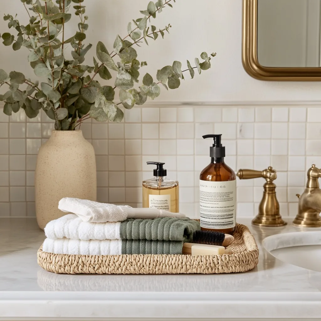 White towels, a soap pump and a brass faucet on a woven tray on a bathroom counter with eucalyptus