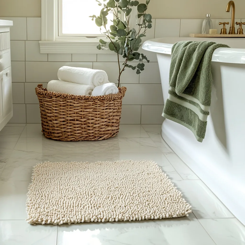 Woven basket of rolled towels and a cream bath mat beside a tub with a green towel