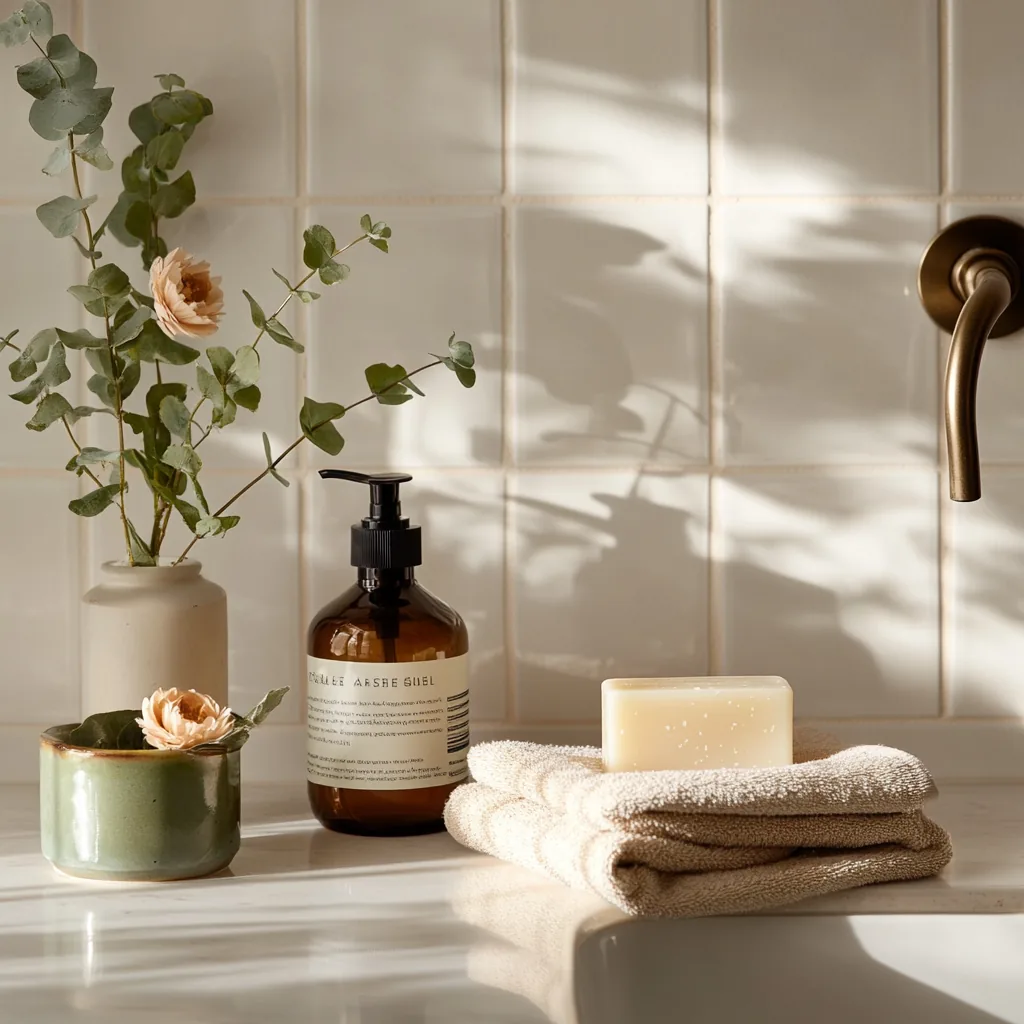 Soap pump, a bar of soap and folded towels beside a brass faucet with flowers in a vase