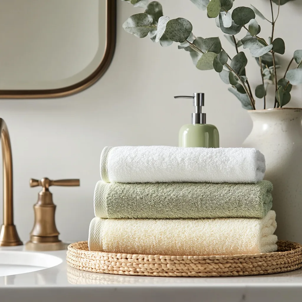 Stack of white, sage and cream towels on a woven tray with a soap pump and eucalyptus