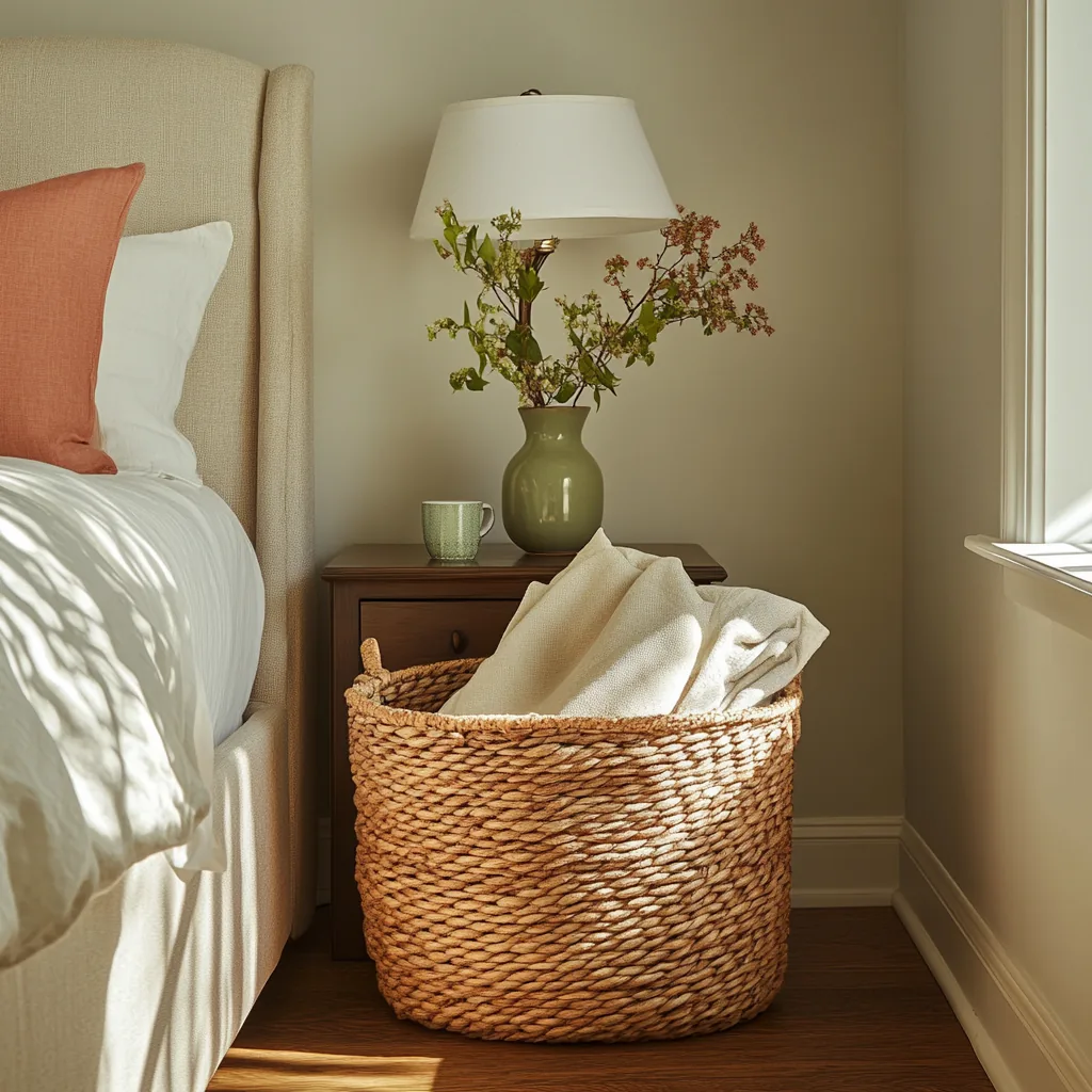 Woven basket with linens beside a bed and a nightstand lamp with a small vase