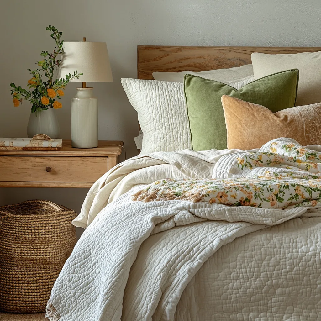 Layered bedding with green and peach pillows and a floral throw beside a wood nightstand