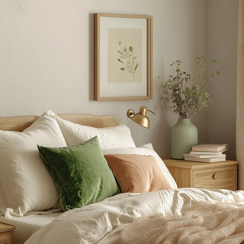 Bedside corner with a framed botanical print, green and peach pillows and a small vase
