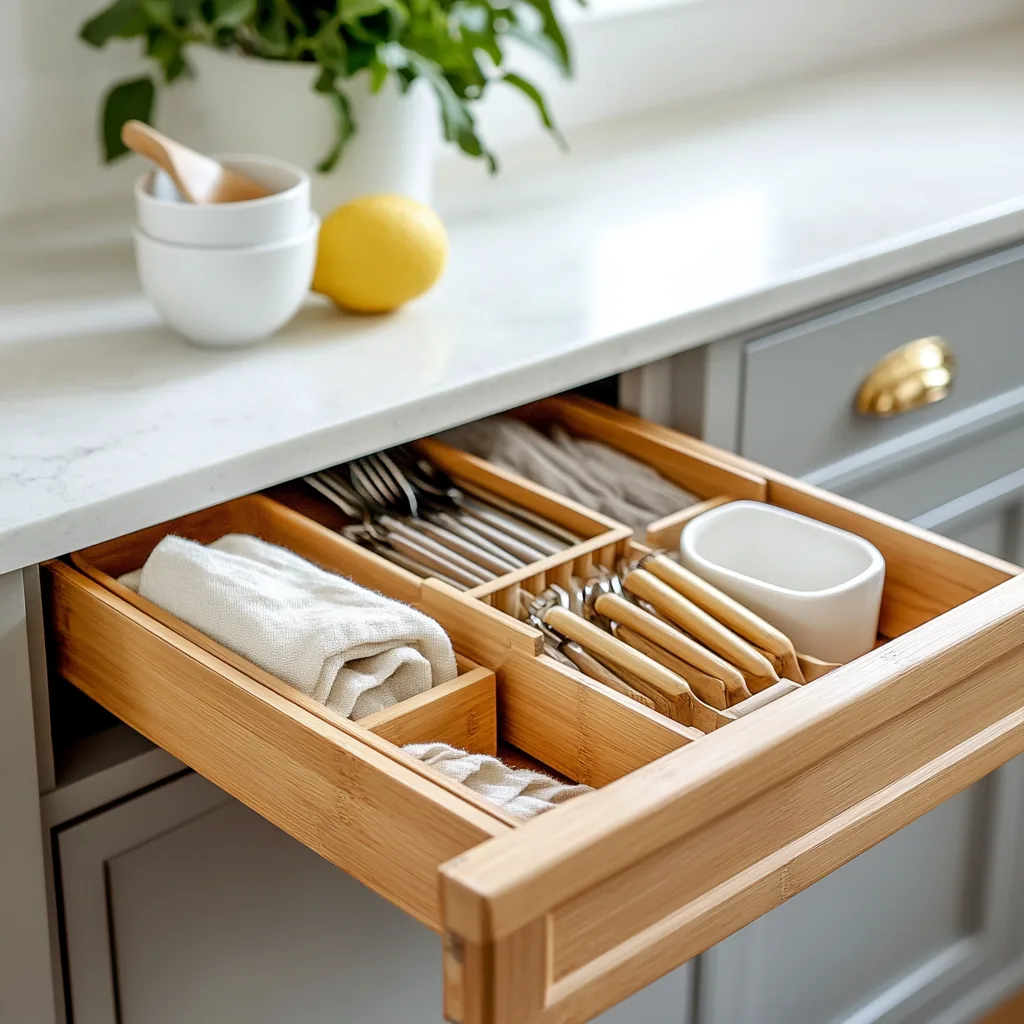 Wood drawer organizer holding flatware and folded towels beside a white bowl and a lemon