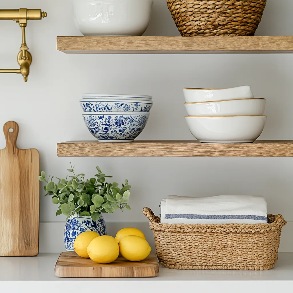 Wood shelves with white and blue and white bowls, a cutting board, lemons and a basket