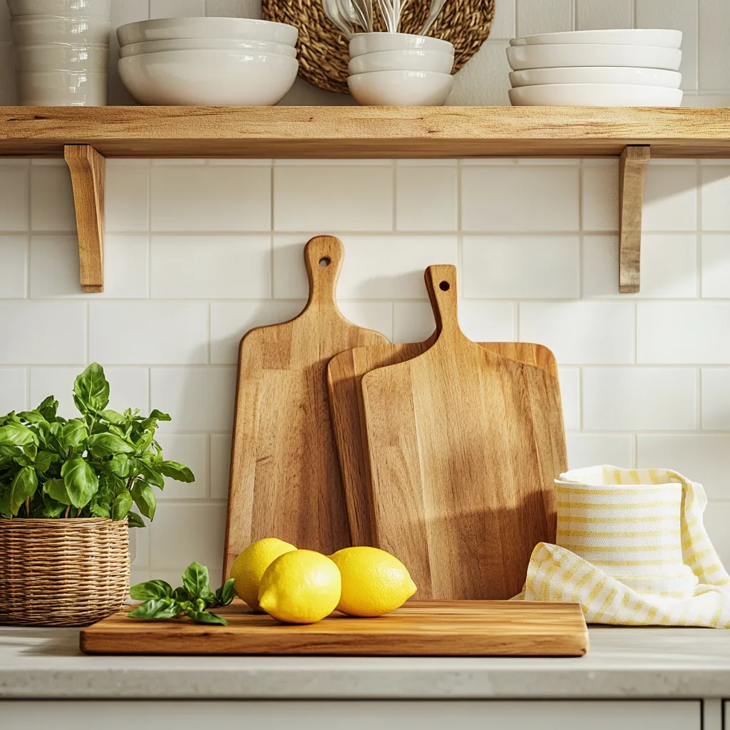 Wood cutting boards with lemons on a counter below a shelf of white bowls