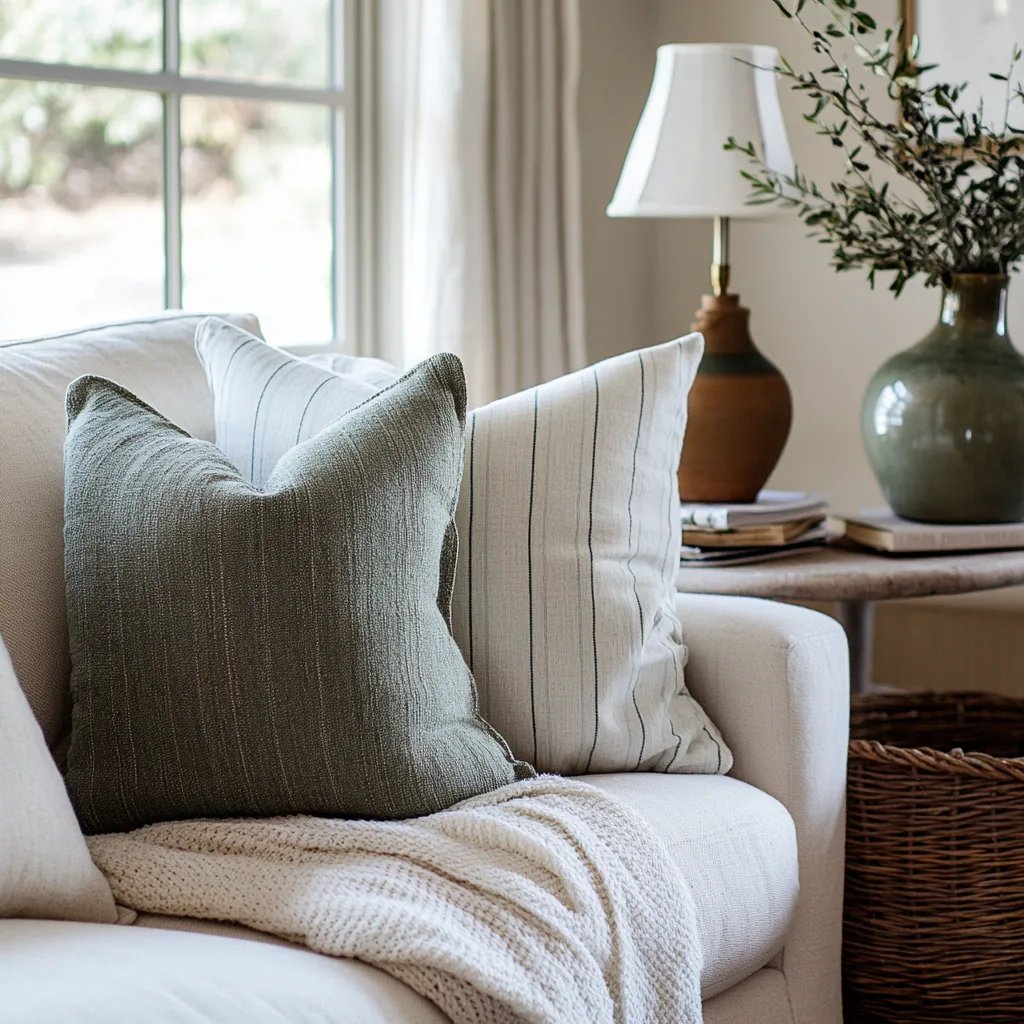Sofa with sage and striped linen pillows, a throw and a table lamp by a window
