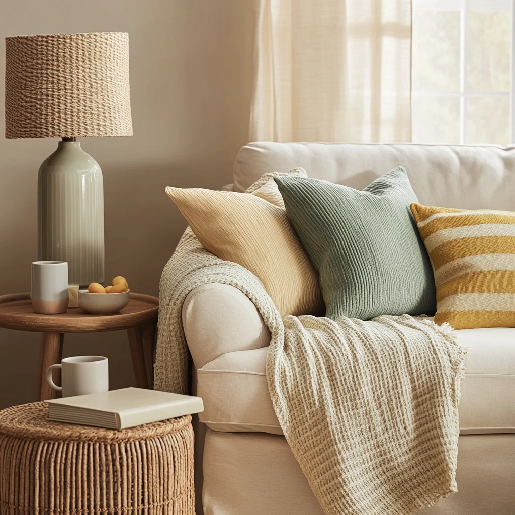 Cream sofa with green and gold pillows and a knit throw beside a rattan side table