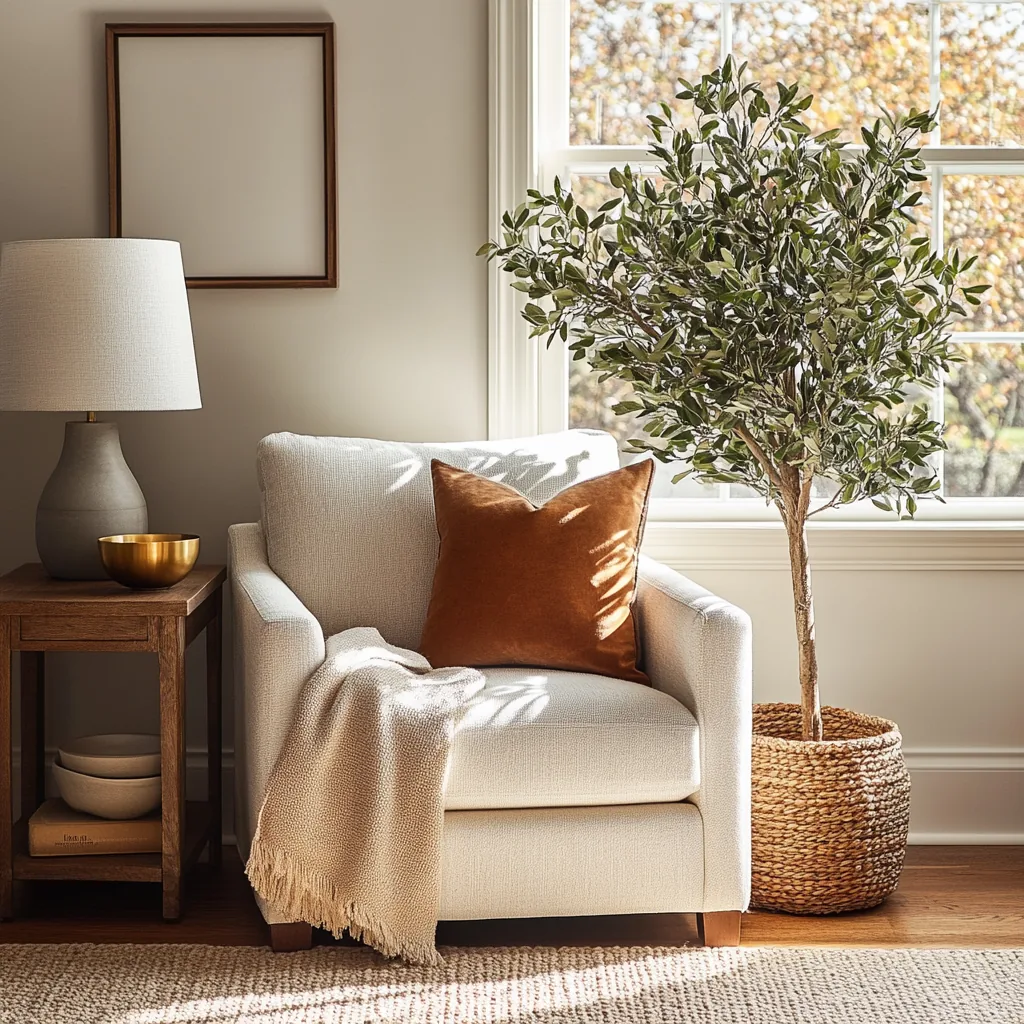 Armchair with a leather pillow and a throw beside a potted olive tree and a lamp