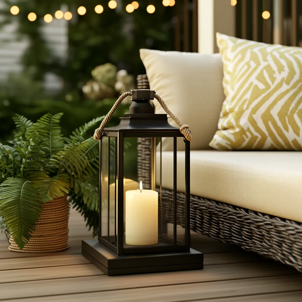 Black lantern with a candle beside a cushioned bench with a yellow pillow and a fern