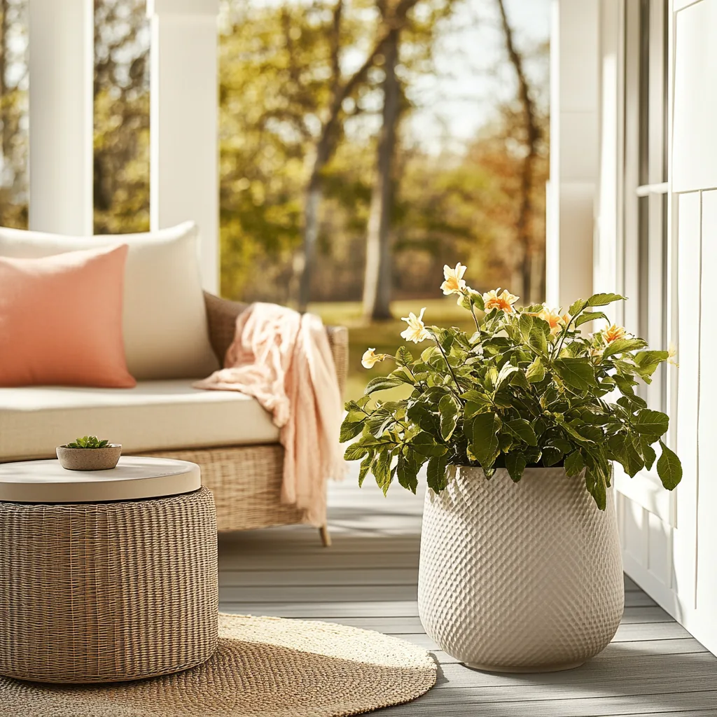 Porch seating with a pink throw, a round ottoman and a large white planter