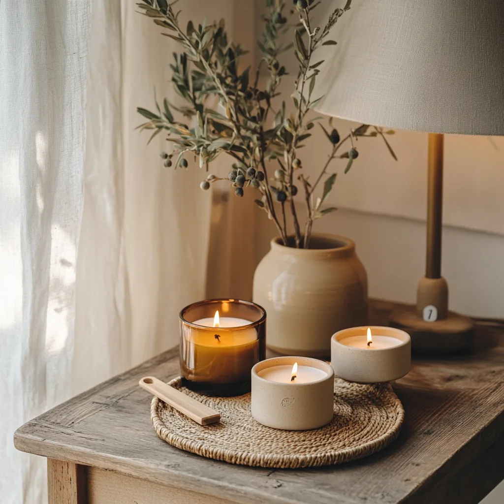 Three lit candles on a woven mat with an olive branch in a vase on a wood table