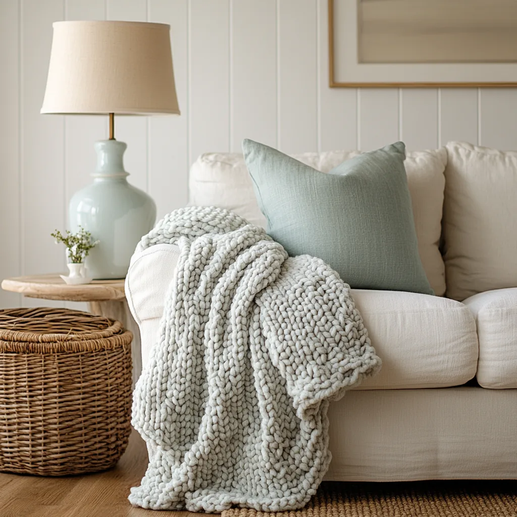 Cream sofa with a sage pillow and a chunky knit throw beside a lamp and a basket