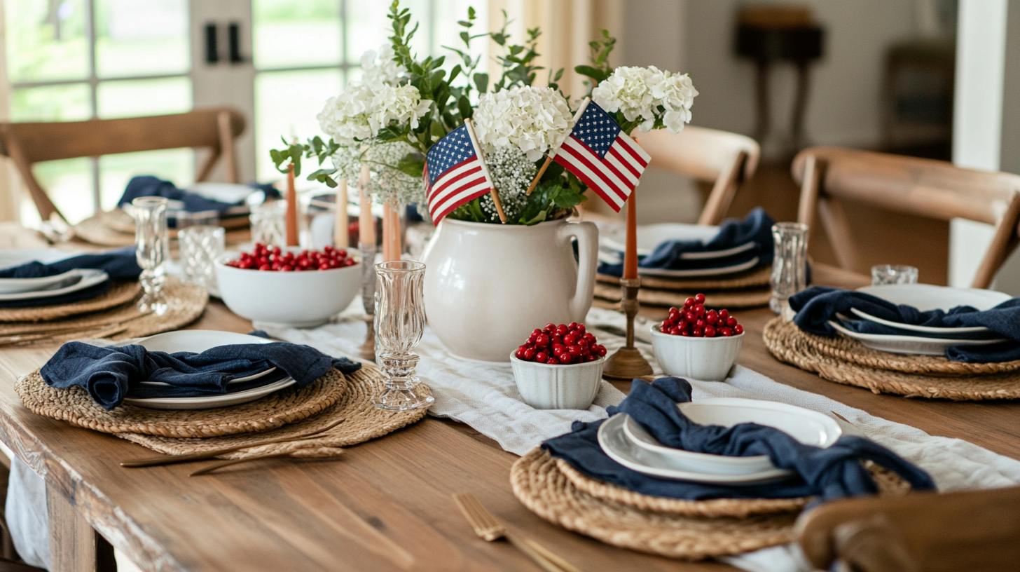 A wood dining table set with woven chargers, navy linen napkins, white stoneware, bowls of red berries, and small American flags tucked into white hydrangeas — the palette carried into where the real work happens