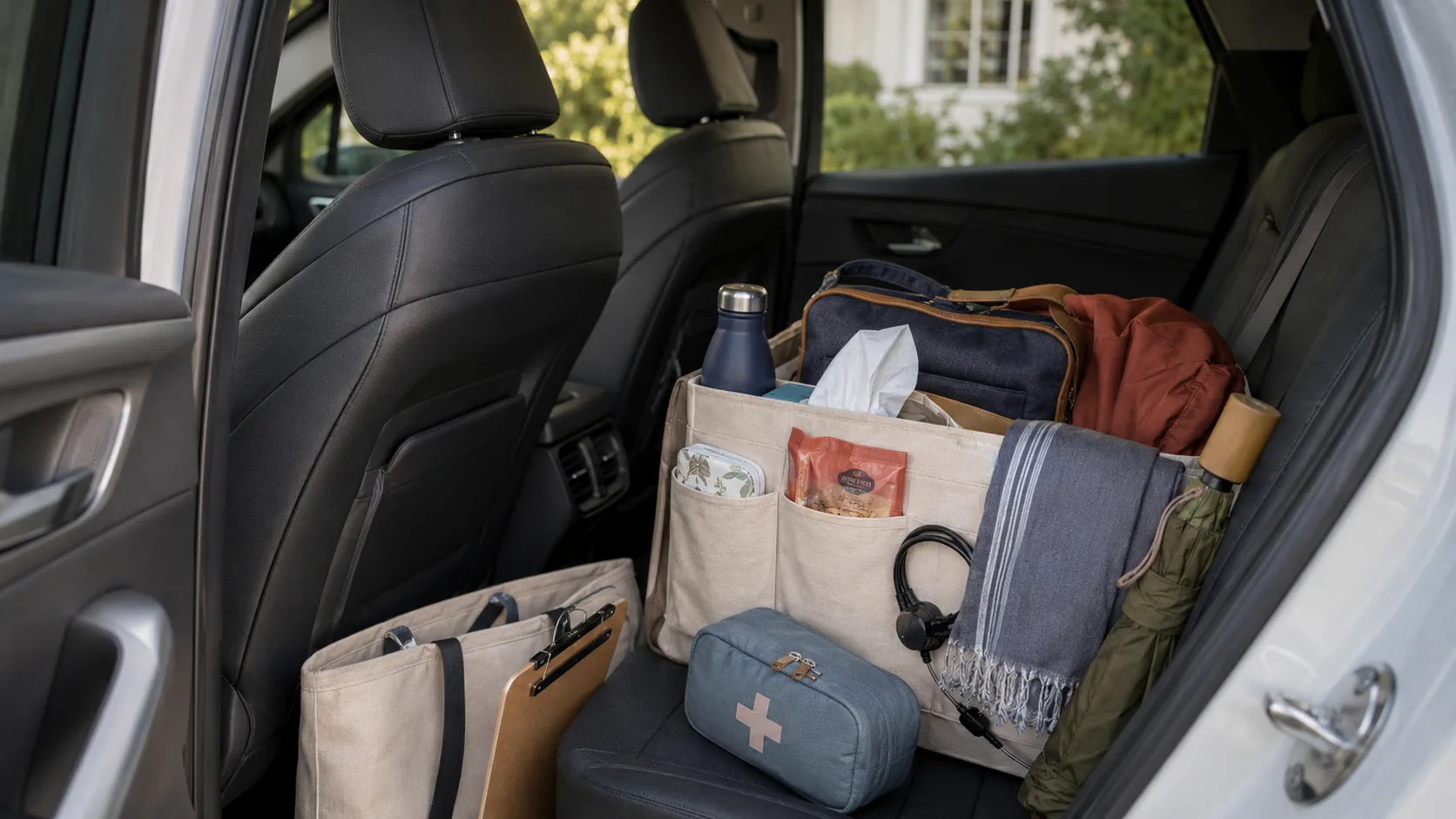 An organized car backseat with a small bin for snacks and water, a folder for paperwork, and a spare layer within reach