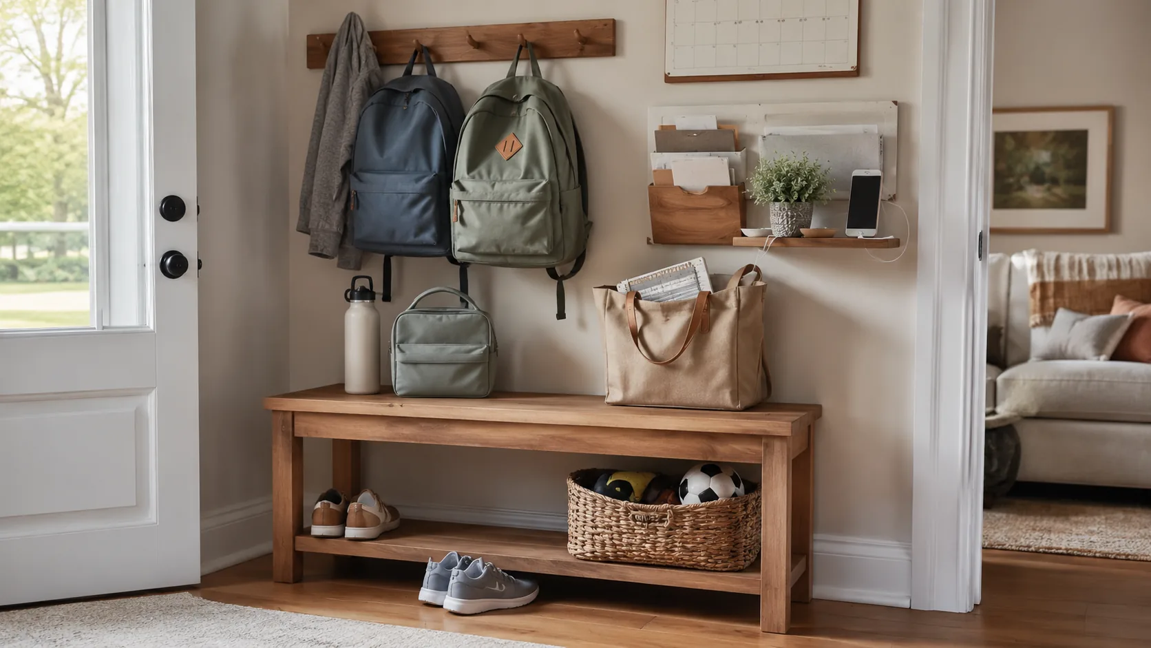 A small entryway command center with labeled hooks, a shoe basket, a charging shelf, and a family calendar