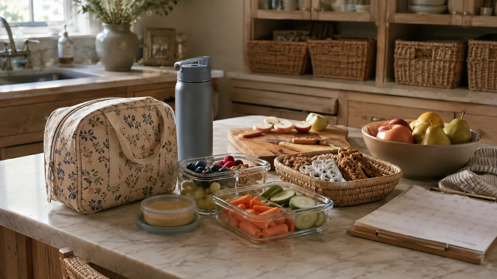 A packed lunch bag, water bottle, and glass containers of fruit, vegetables, and pretzels laid out on a kitchen counter next to a weekly calendar