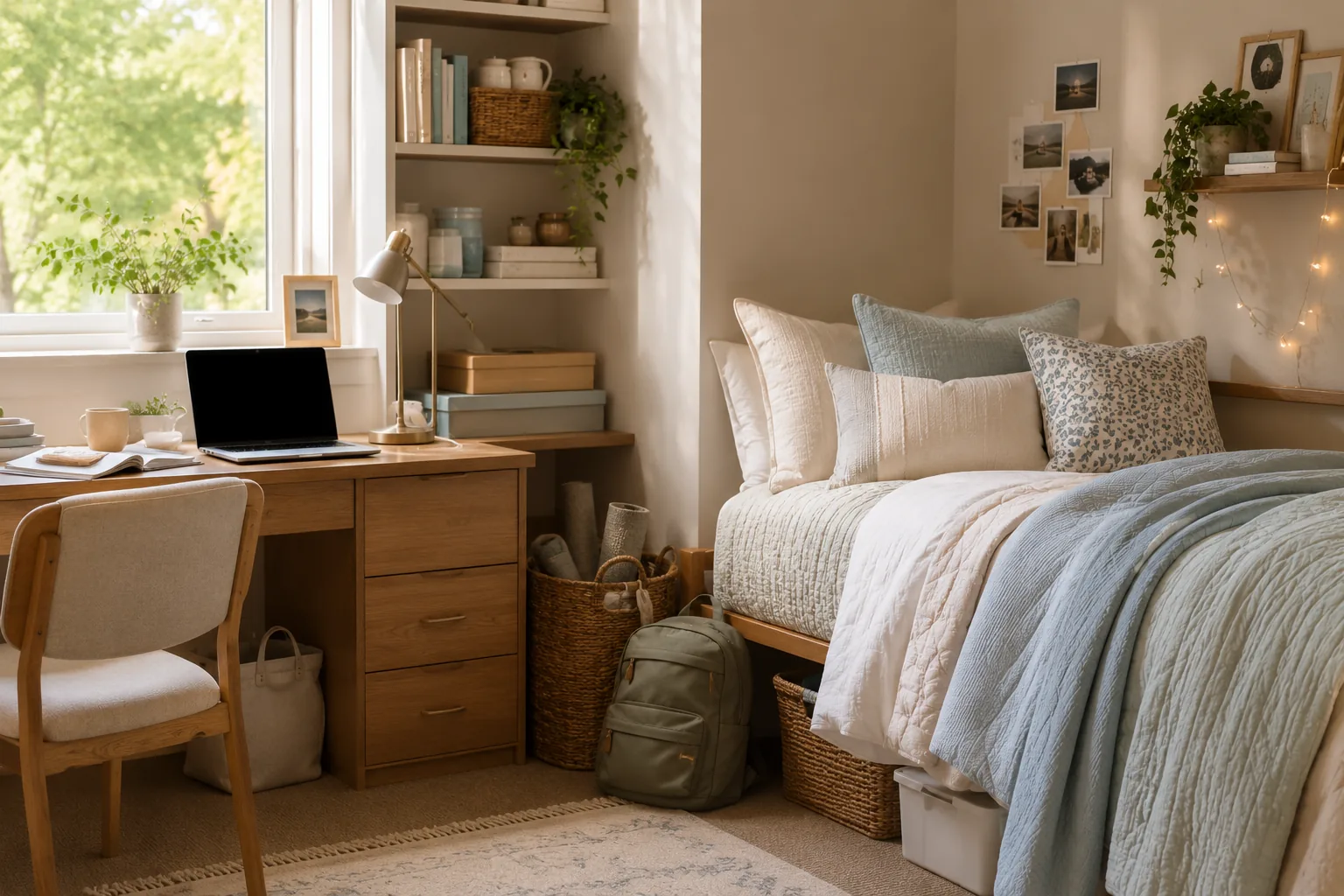 A dorm bed made with layered cream and blue pillows against a built-in wood headboard and shelf unit, string lights and photos on the wall, a desk with a laptop nearby