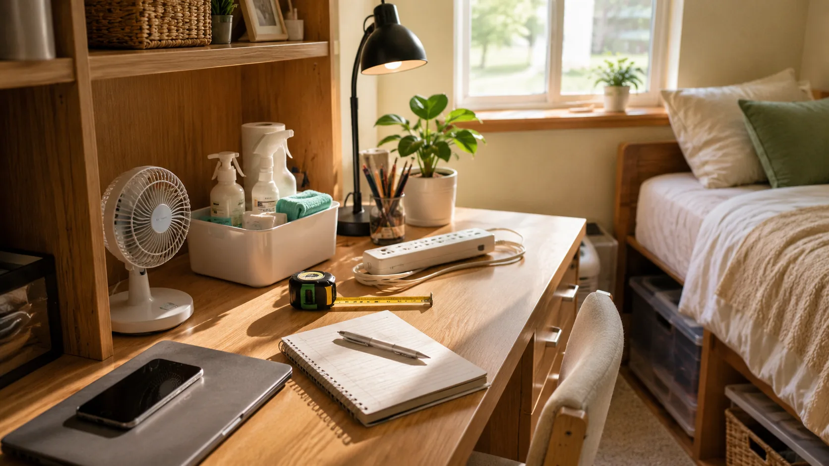A dorm desk with a warm gooseneck lamp, a small fan, cleaning spray bottles in a bin, a tape measure, and a notebook and pen laid out next to a laptop