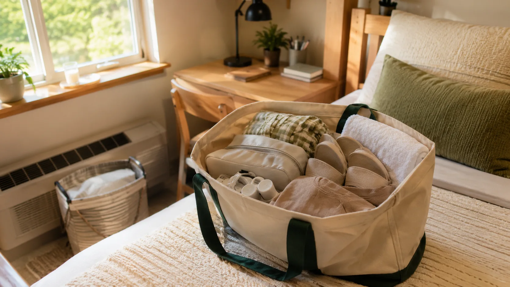 A canvas tote packed for the first night with a folded towel, slippers, a toiletry bag, chargers, and a change of clothes, sitting on a made dorm bed