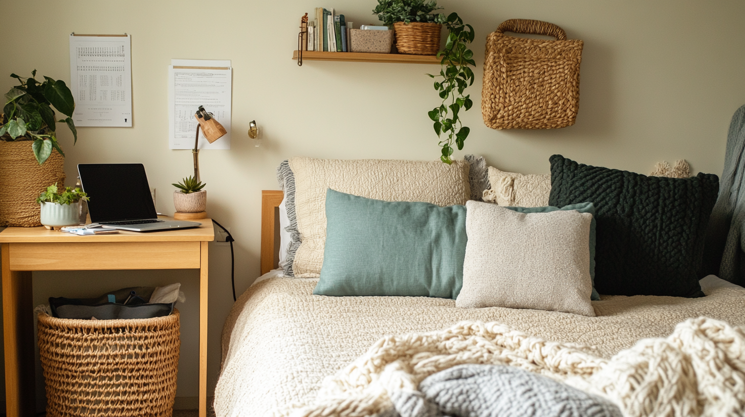 A dorm bed with woven storage baskets tucked underneath, a backpack leaning against the frame, and a desk with an overhead shelf and drawer unit nearby