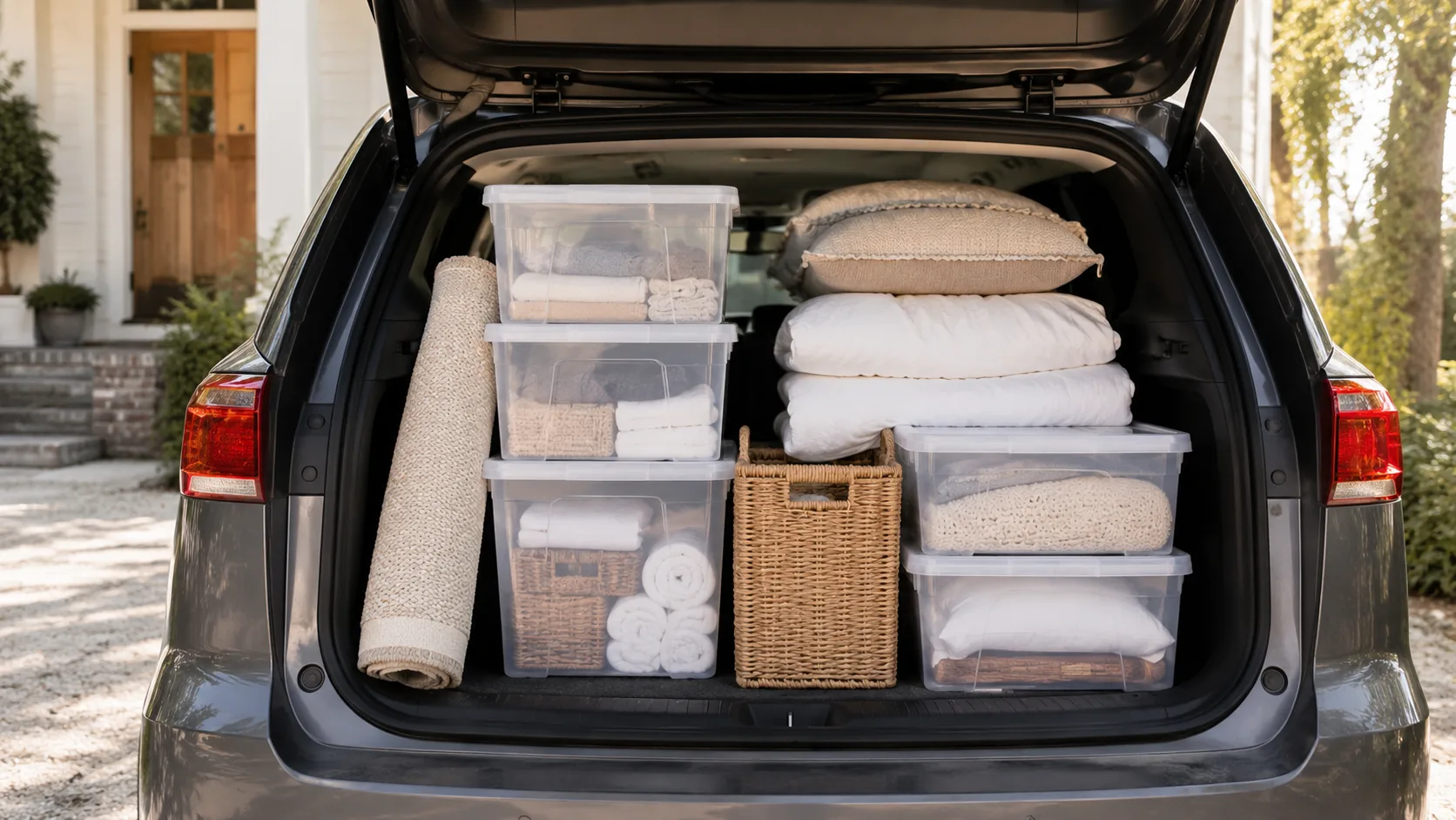 A car trunk packed with labeled storage bins and bedding stacked in the order they'll be carried into a dorm