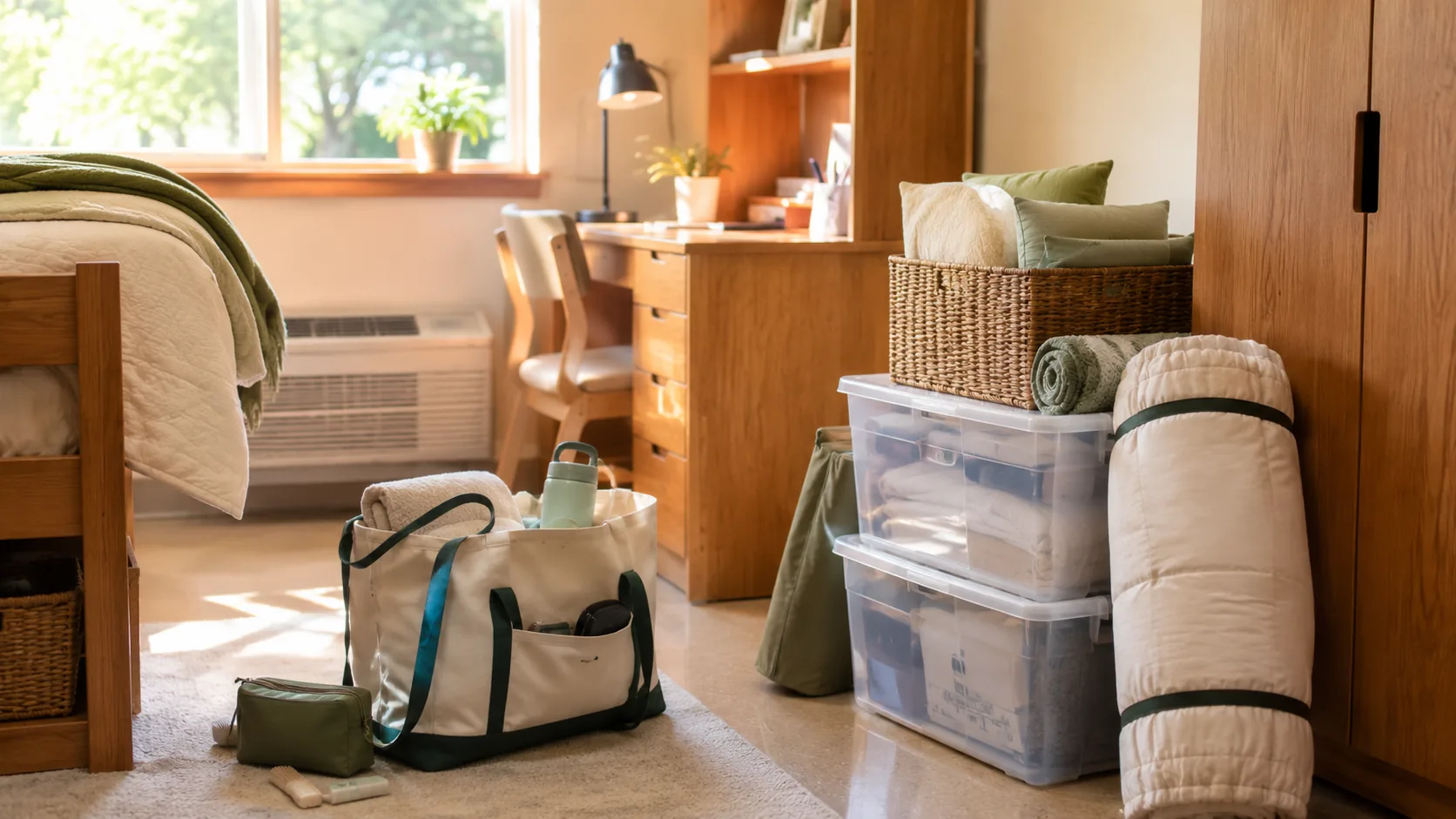 A woven basket and clear storage bins stacked by a dorm closet, rolled bedding leaning against the wall, waiting to be unpacked in order
